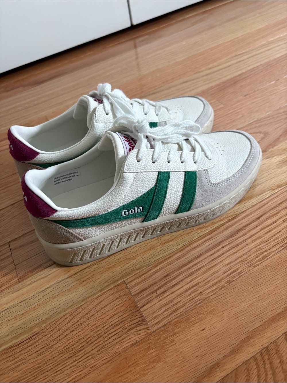 Gola Women’s White Sneakers with Green Stripes & Purple Heel